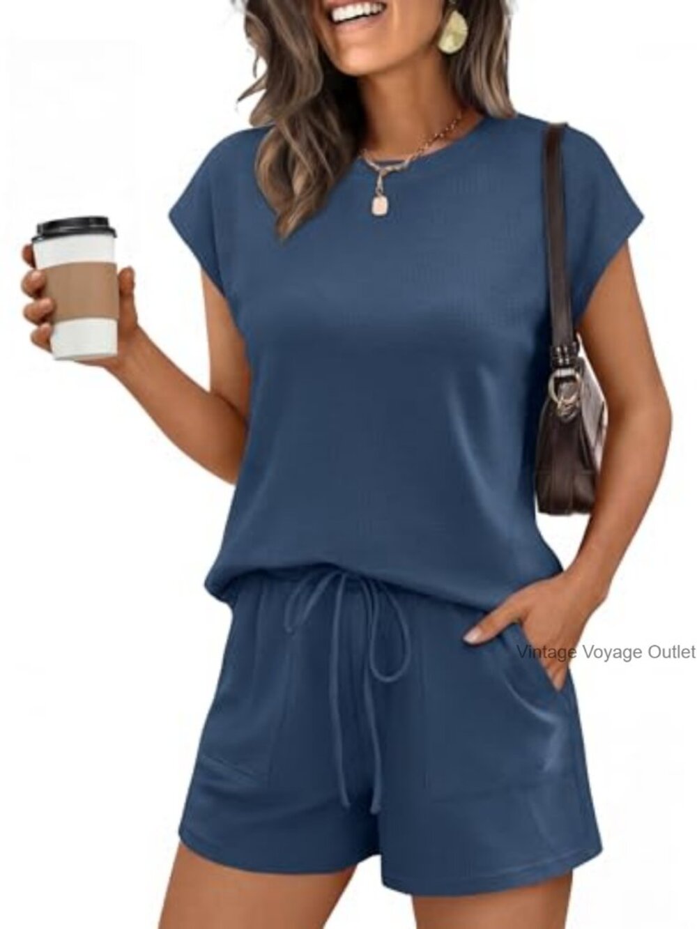 Waffle Knit 2 Piece Short Set Cap Sleeve Top High Waist Drawstring Shorts